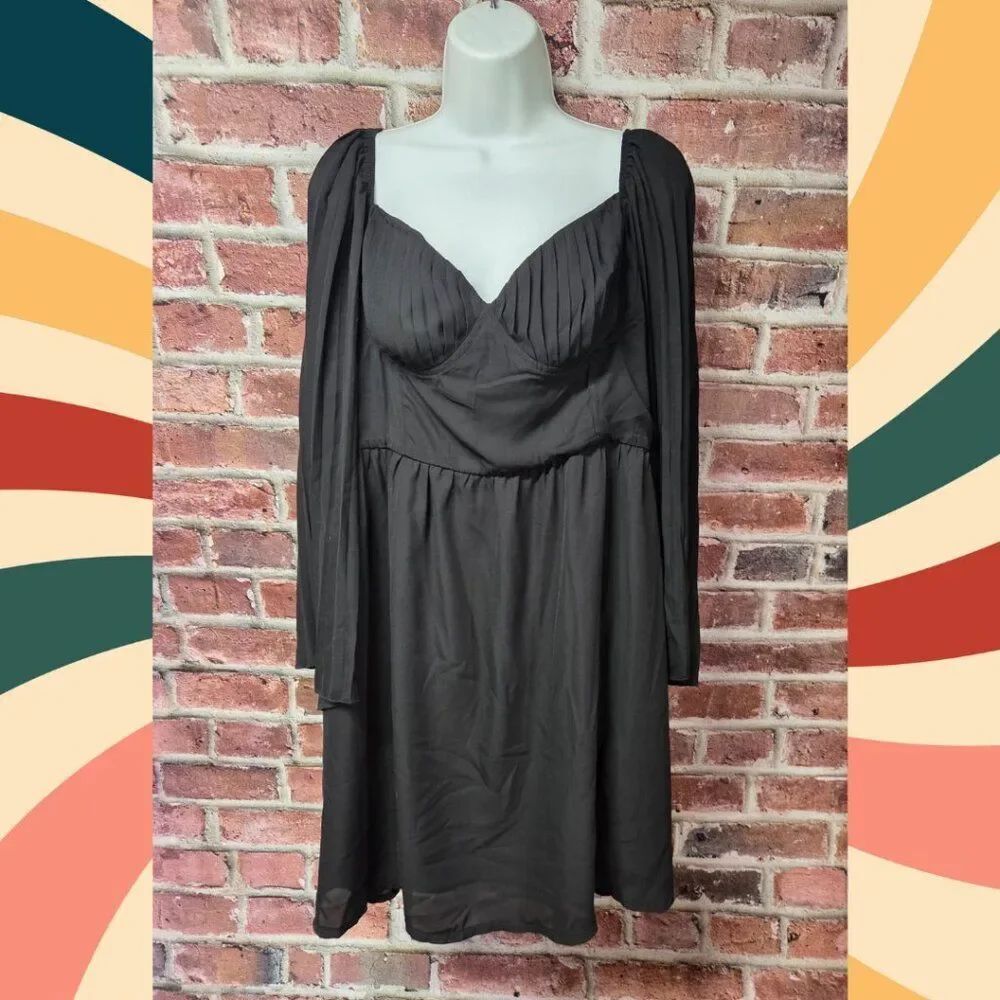 Empire Waist Mini Dress XL | Black V Neck Long Sleeve Bodycon Chic Y2K Night Out